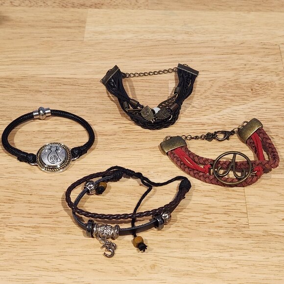 Vintage Multi-Layer Leather Chain Bracelet Set of 4 Charms Adjustable - Picture 1 of 13